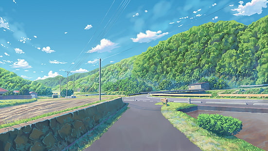 krajobraz anime, droga, drzewa, niebo, chmury, Anime, Tapety HD HD wallpaper