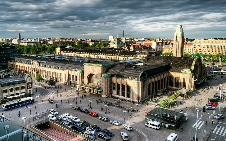 коричневое и черное бетонное здание, Хельсинки, Финляндия, столица, вид сверху, HDR, HD обои