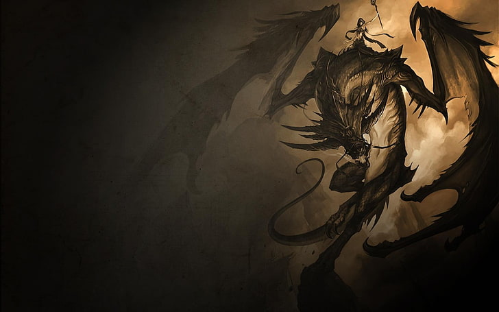 papel pintado negro del dragón, dragón, arte de la fantasía, ilustraciones, Fondo de pantalla HD