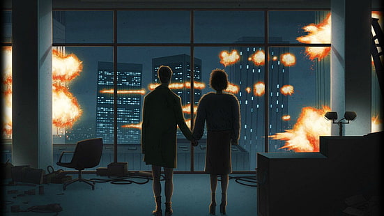 man and woman illustration, artwork, movies, Fight Club, explosion, holding hands, HD wallpaper HD wallpaper