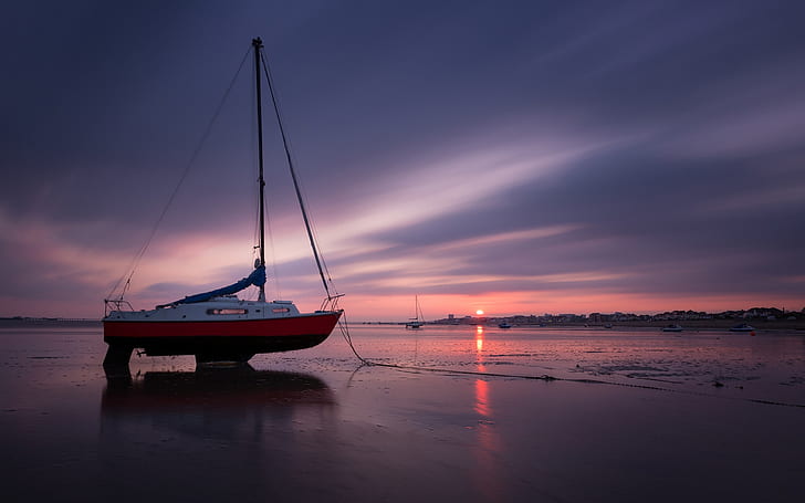 Coast, boat, sea, beach, evening, sunset, white and red sailboat, Coast, Boat, Sea, Beach, Evening, Sunset, HD wallpaper