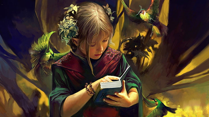 menina lendo livro papel de parede, fantasia, duende, pássaro, livro, criança, élfico, HD papel de parede