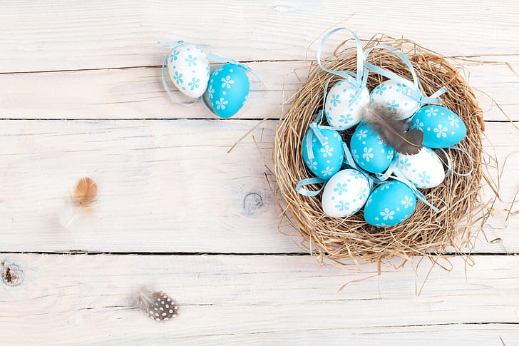 primavera, Pascua, zócalo, canasta, madera, huevos, decoración, feliz, los huevos pintados, Fondo de pantalla HD