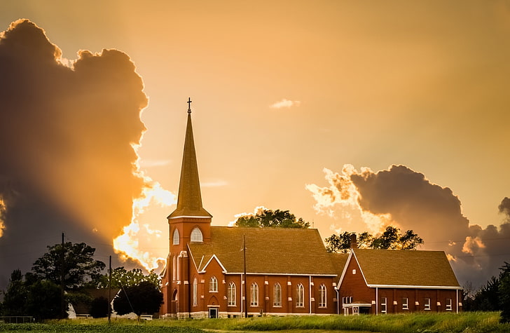 Church, brown and red church, United States, Nebraska, Sunset, Church, Rural, Weather, HD wallpaper