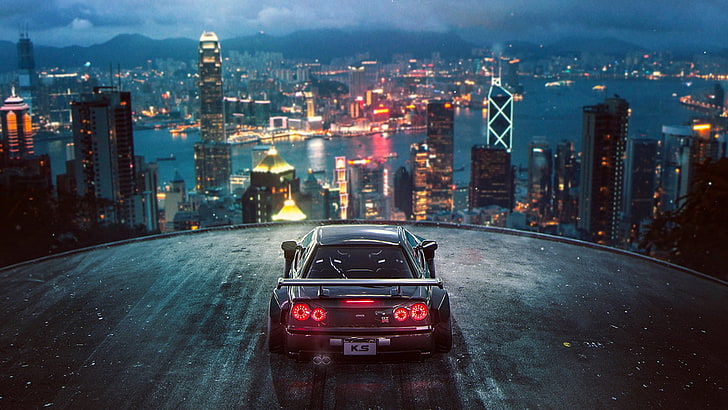 ilustrasi mobil hitam, City, Nissan, Skyline, Tuning, Future, R34, oleh Khyzyl Saleem, Wallpaper HD