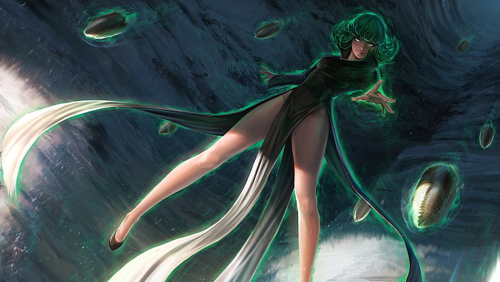 зеленые женские персонажи цифровые обои, аниме, One-Punch Man, аниме девушки, зеленые волосы, ножки, тацумаки, HD обои