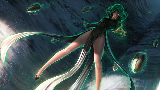 green female character digital wallpaper, anime, One-Punch Man, anime girls, green hair, legs, Tatsumaki, HD wallpaper HD wallpaper