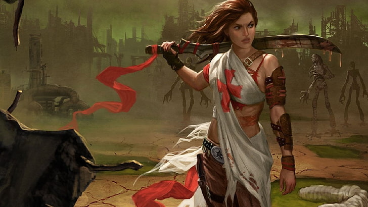 femme tenant illustration de l'épée, fantaisie, femmes guerrières, femme, femme guerrière, Fond d'écran HD