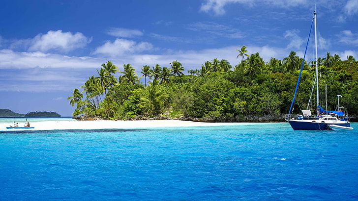черно-белый парусник, остров, природа, пальмы, лодка, море, HD обои