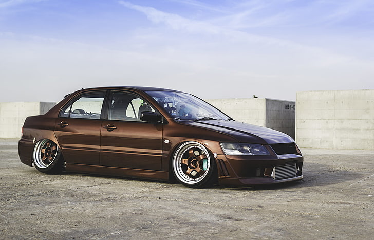 brown sedan, Mitsubishi, tuning, lancer, stance, evolution 9, HD wallpaper