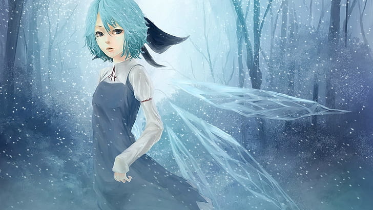 Anime, Anime Mädchen, kurze Haare, Aqua Haare, grüne Augen, Blick auf Betrachter, Flügel, Wald, Touhou, Cirno, Schnee, Winter, HD-Hintergrundbild