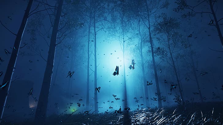 Hantu Tsushima, kupu-kupu, cahaya bulan, Wallpaper HD