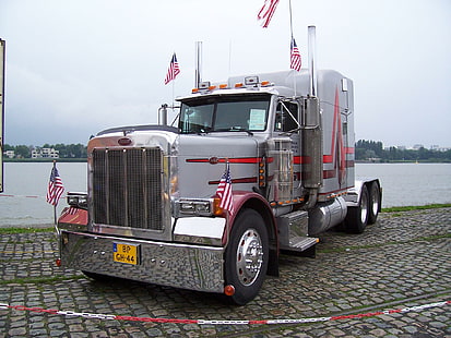 Peterbilt, río, camión, banderas de los Estados Unidos, automóviles, Fondo de pantalla HD HD wallpaper