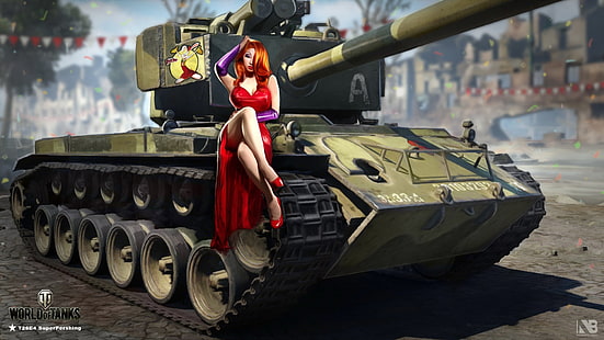 ผู้หญิงสวมชุดสีแดงขณะนั่งอยู่บนวอลล์เปเปอร์ดิจิตอลรถถังต่อสู้สาวเมืองวันหยุดสตรีทรูปชุดศิลปะรถถังสีแดงอเมริกันค่าเฉลี่ย World of Tanks T26E4 Nikita Bolyakov Super Pershing, วอลล์เปเปอร์ HD HD wallpaper