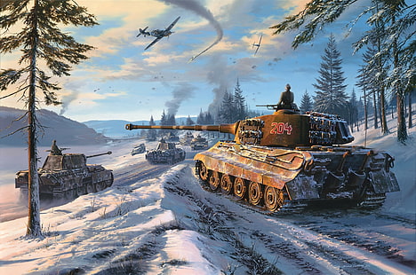 tank wars illustration, winter, forest, the sky, snow, figure, Panther, aircraft, tanks, column, the second world war, medium tank, heavy tank, Sd.Car. 171, Nicolas Trudgian, Bf.109, Messerschmitt, Royal tiger, Tiger II, Sd. Car. 182, tiger 2, PzKpfw VI Ausf. B, King tiger, Pz.Kpfw.In Panther, HD wallpaper HD wallpaper