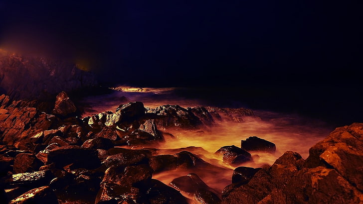 brown rock formation, landscape, rock, night, artificial lights, outdoors, HD wallpaper