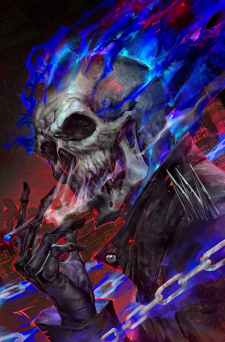 Ghost Rider, skull, cigarettes, smoking, drawing, portrait display, digital art, digital painting, fan art, artwork, HD wallpaper