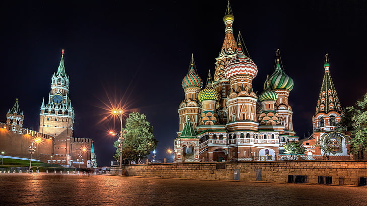 Catedral de São Basílio, Rússia, noite, Moscou, O Kremlin, Catedral de São Basílio, Rússia, Praça Vermelha, HD papel de parede