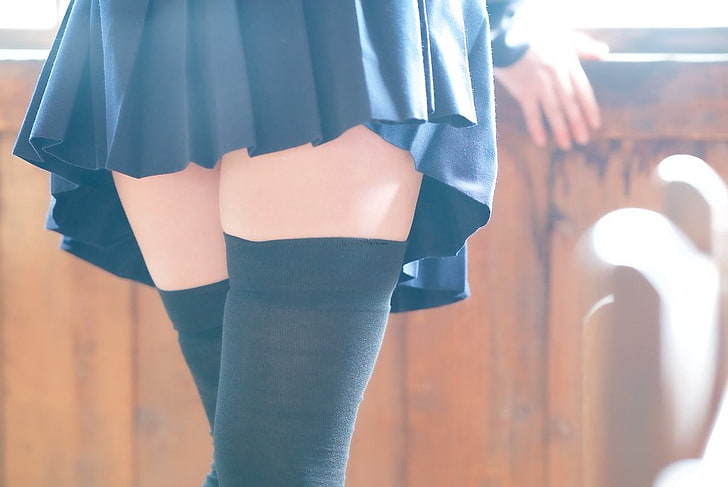pair of black thigh-high socks, Japanese women, sailor uniform, thigh-highs, zettai ryouiki, classroom, women, fetish, skirt, stockings, HD wallpaper