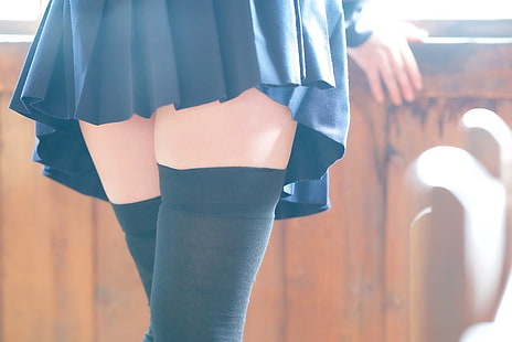 pair of black thigh-high socks, Japanese women, sailor uniform, thigh-highs, zettai ryouiki, classroom, women, fetish, skirt, stockings, HD wallpaper HD wallpaper