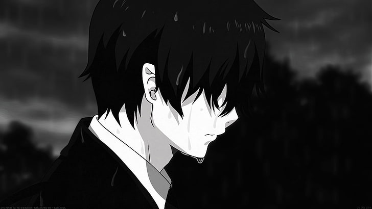 ao kein exorzist, rin okumura, trauriges gesicht, schwarz und weiß, anime, HD-Hintergrundbild