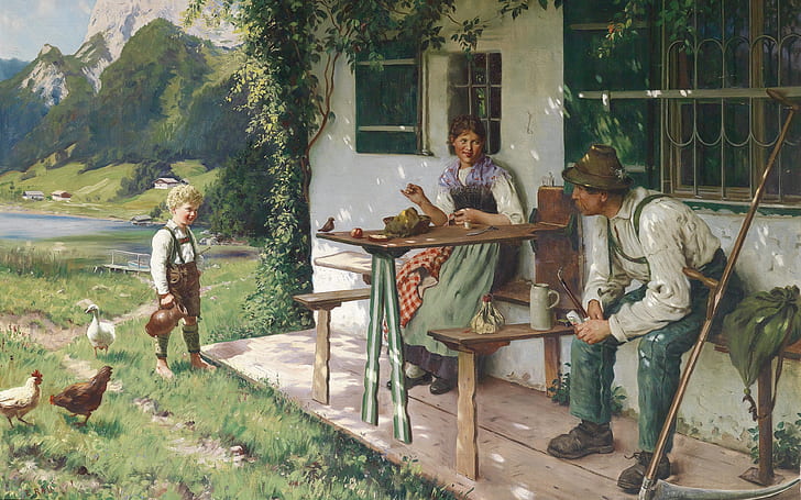 1937, pelukis Jerman, Rumah musim panas di depan rumah, Emil Rau, Hari musim panas di depan rumah, Wallpaper HD