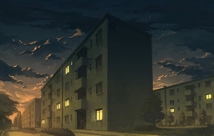 concrete structures painting, night, building, city, apartments, anime, artwork, HD wallpaper