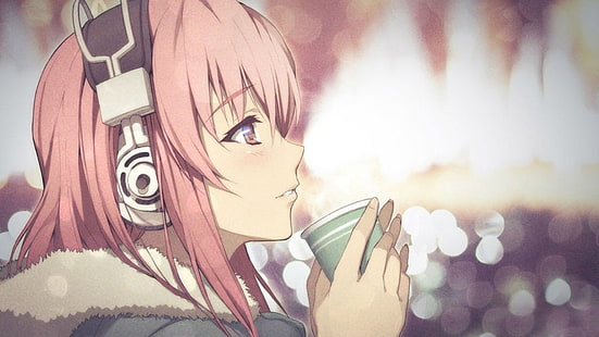 анимирано момиче със тапети за слушалки, илюстрация на женски аниме герой, Nitroplus, Super Sonico, розова коса, профил, аниме момичета, слушалки, аниме, размазано, лице, HD тапет HD wallpaper