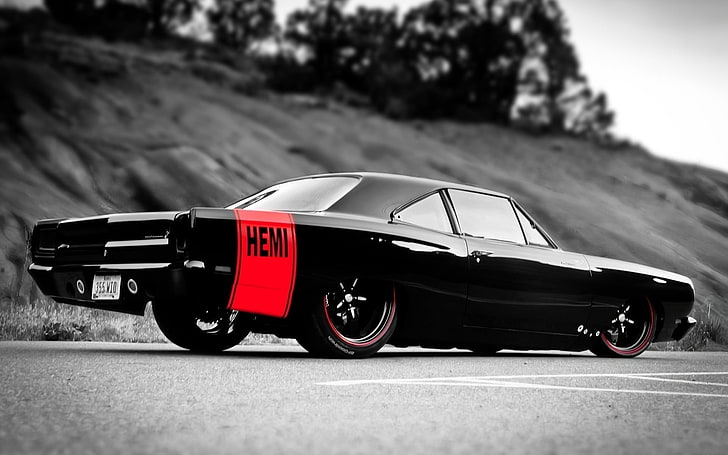 black muscle car, car, muscle cars, Plymouth, Hemi, HD wallpaper
