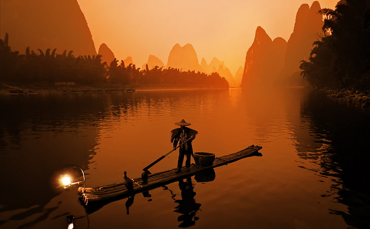 Río Li, barco de bambú marrón, Asia, China, río, Fondo de pantalla HD