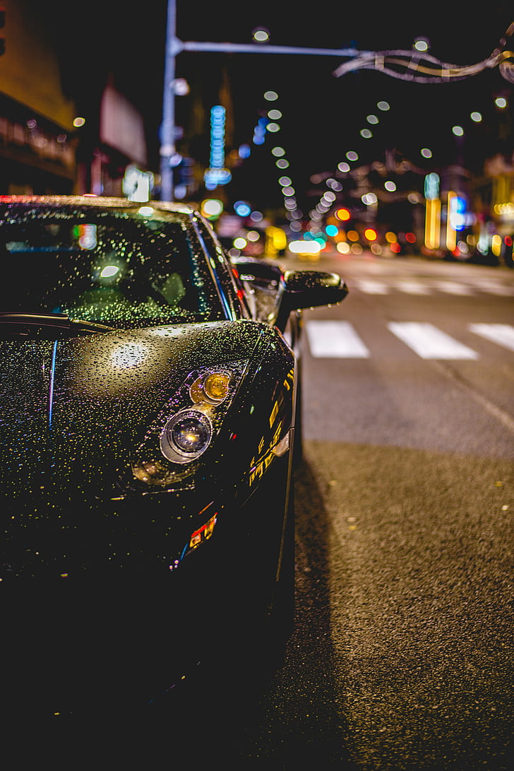 car, street, night, road, Lamborghini Aventador J, black cars, lights, HD wallpaper