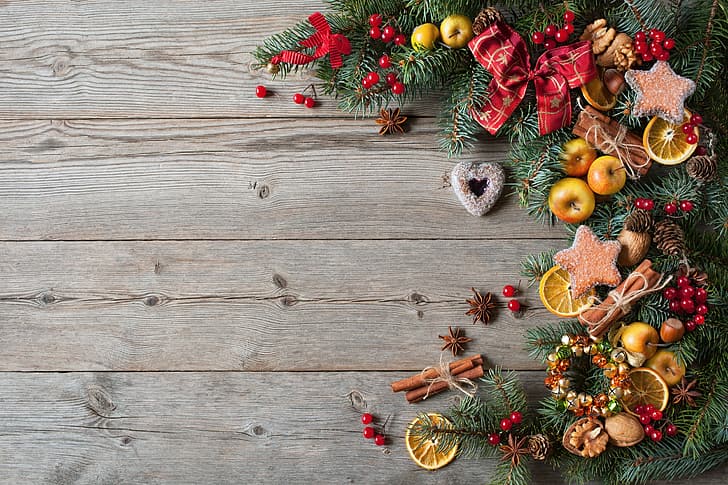 decorazione, frutti di bosco, palle, albero, Capodanno, biscotti, Natale, cuori, frutta, noci, legno, buon Natale, Natale, festa, Sfondo HD