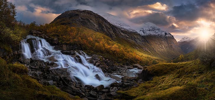 autumn, forest, mountains, waterfall, Norway, cascade, Sogn og Fjordane, Sogn and Fjordane, HD wallpaper