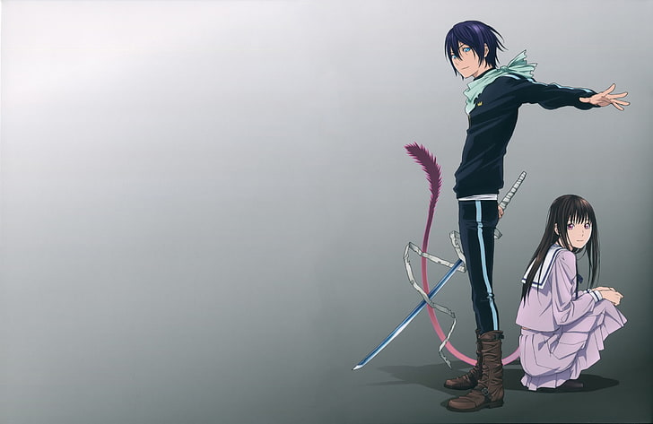 человек аниме держит длинный меч катана с женщиной иллюстрации, аниме, норагами, ято., если это ждать, HD обои
