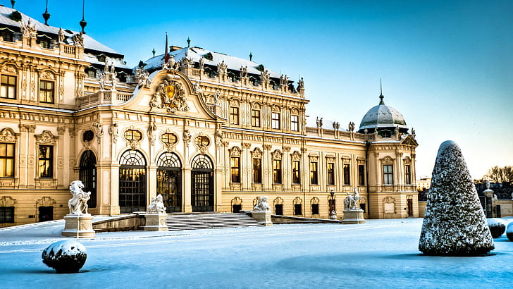 Austria, Wiedeń, pałac, duża beżowa wiktoriańska katedra, śnieg, Austria, Wiedeń, zima, architektura, pałac, wiedeński Belweder, Tapety HD