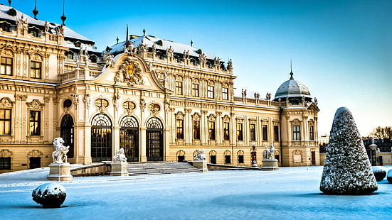オーストリア、ウィーン、宮殿、大きなベージュのビクトリア朝の大聖堂の建物、雪、オーストリア、ウィーン、冬、建築、宮殿、ウィーンベルヴェデーレ、 HDデスクトップの壁紙 HD wallpaper