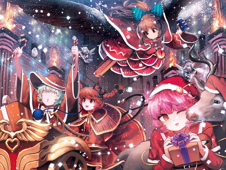 komeiji satori, komeiji koishi, kaenbyou rin, touhou, snow, christmas, Anime, HD wallpaper