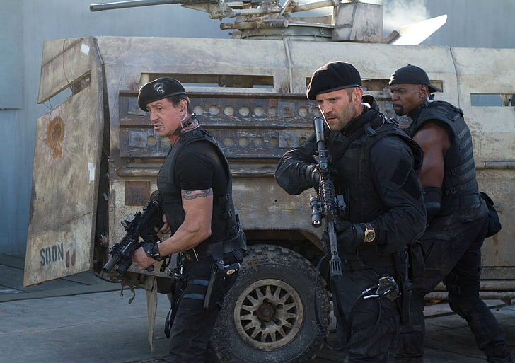 Jason Statham, weapons, soldiers, Sylvester Stallone, machines, Jason Statham, The Expendables 2, Lee Christmas, Terry Crews, Hale Caesar, Barney Ross, HD wallpaper