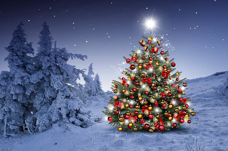 winter, snow, decoration, snowflakes, balls, tree, New Year, Christmas, happy, night, Merry Christmas, Xmas, Christmas tree, HD wallpaper