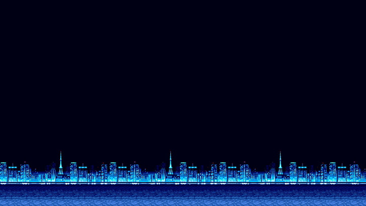 Minimalism, Blue, The city, Background, Pixels, 8bit, Electronic, bit, Synth, Retrowave, Sinti, Synthwave, Synth pop, 8 Bit, HD wallpaper