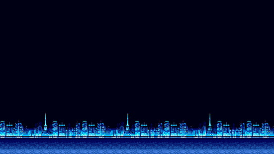Минимализм, Синий, Город, Фон, Пиксели, 8 бит, Электронный, бит, Synth, Retrowave, Синти, Synthwave, Synth pop, 8 бит, HD обои HD wallpaper
