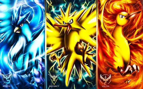Pokémon, Pokémon GO, Articuno (Pokémon), Moltres (Pokémon), Pokemon Go, Team Harmony, Team Instinct, Team Valor, Zapdos (Pokémon), HD wallpaper HD wallpaper