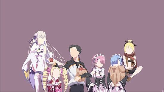personaggi anime, Re: Zero Kara Hajimeru Isekai Seikatsu, Emilia (Re: Zero), Felt (Re: Zero), Rem (Re: Zero), Ram (Re: Zero), Beatrice (Re: Zero), Natsuki Subaru, Sfondo HD HD wallpaper