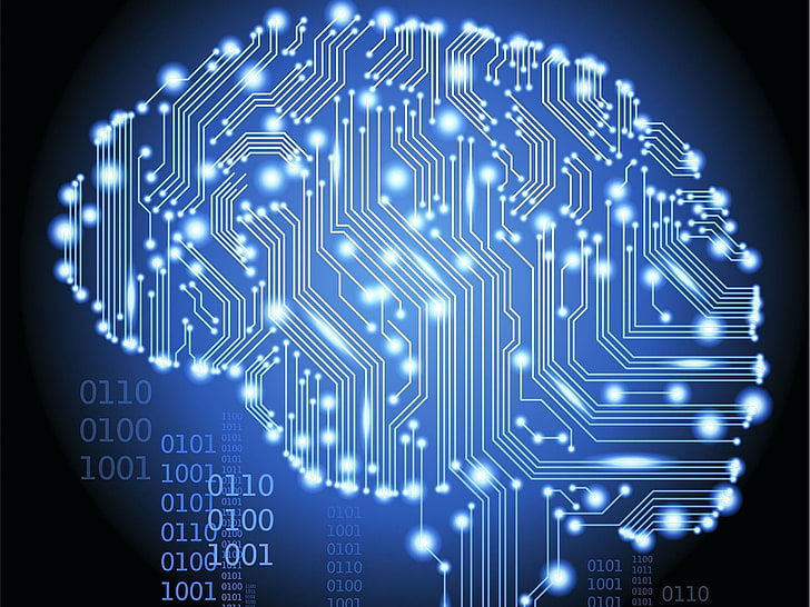 синие цифровые обои, двоичный код, мозг, технологии, электричество, черный фон, цифровое искусство, Hi-Tech, HD обои