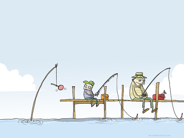 two men fishing on dock illustraion, humor, Wulffmorgenthaler, caricature, bait, fishermen, HD wallpaper