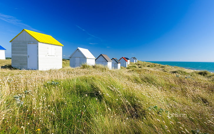 Cabanas de praia em Gouville-sur-Mer Cotentin Manch-20 .., HD papel de parede