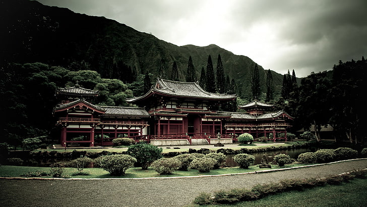 red and black temple, Asian architecture, architecture, Asia, Japanese, temple, Japan, building, nature, landscape, trees, garden, mountains, path, zen, lake, plants, forest, clouds, filter, The Byodo-In Temple, monastery, HD wallpaper