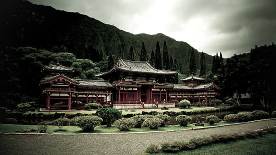 red and black temple, Asian architecture, architecture, Asia, Japanese, temple, Japan, building, nature, landscape, trees, garden, mountains, path, zen, lake, plants, forest, clouds, filter, The Byodo-In Temple, monastery, HD wallpaper HD wallpaper