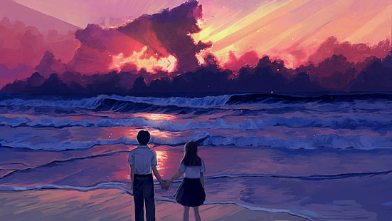anime, illustration, landscape, sea, sunset, painting, digital art, artwork, HD wallpaper HD wallpaper