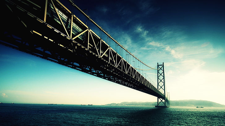 San Francisco-Oakland Bay Bridge, California, fotografia, ponte, mare, acqua, paesaggio, fiume, cielo, nave, montagne, architettura, nuvole, ponte sospeso, Sfondo HD